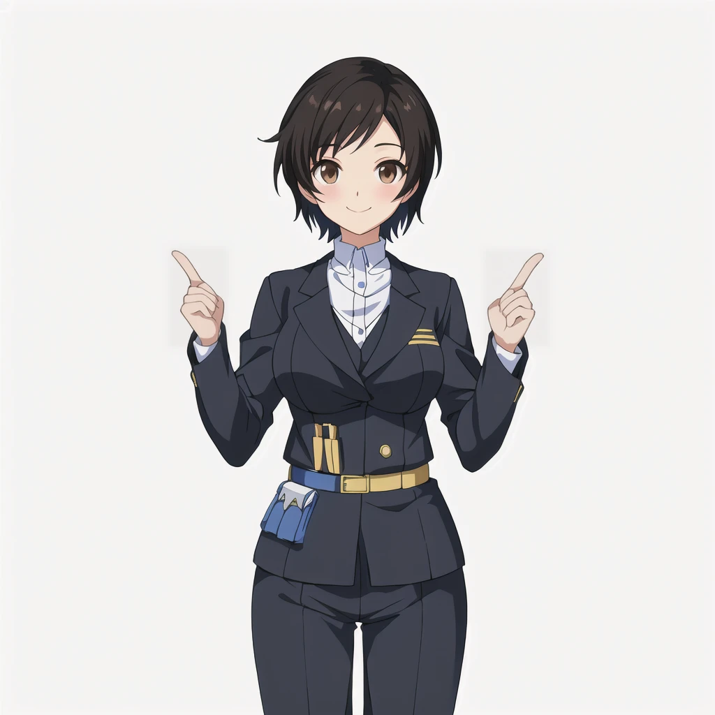 Highest quality, high resolution, High quality anime art style, Official Art, Smooth anime CG art, Stylized anime, Visual Novel Sprites, White background, whole body, Anime-style 3D, Smooth anime CG art, humanoid woman, JRPG Characters, policewoman, Policewoman, Anime woman in a gray suit, Guts pose, smile, Brown eyes, Black Hair, short hair, Age 25,
