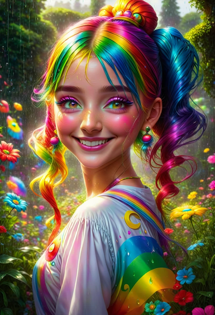 ( One dancing girl:1.9)、Long rainbow colored pigtails:1.4、A smiley face with a hint of madness、face is distorted、In a magical rainy garden、Beautiful Magical Girl、Shining morning sunlight、Low Angle Shots:1.5、Close up of a girl、Very detailed、complicated、Photorealistic、8K、HDR、Cinematic lighting、Bright colors、Soft and dreamy
