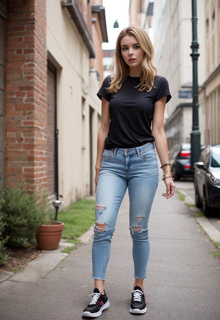 Alison MacInnis, (((blondie hair))), (work of art, high qualiy) Woman, calça jeans skinny, wearing sneakers, top