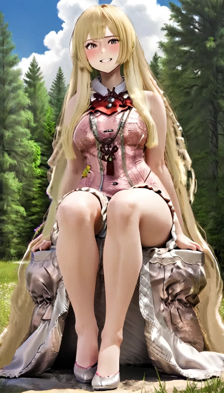 (Highest quality, masterpiece, whole body),1, line-art, tender girl, thin and narrow and long eyes, very thin face, rough-drawn eyes, very long face, extremely fluffy and curly and dense and loose flaxen long hair, naked, big tits, detailed pussy, labia majora, straight cheeks, droopy eyes, shadow on half of her face, detailed eyelashes, eye is located lower on face, round chin, droopy eyes, ellipse iris, messy curls, drooping eyes, straight cheeks, thin thighs, sharp face, sharp chin, sharp cheeks, portrait, nose located lower, she turns away, sharp face, elf girl, extremely pale skin, sitting in the steppe of Russia, huge dense woods behind her, cloudy sky, slender face,