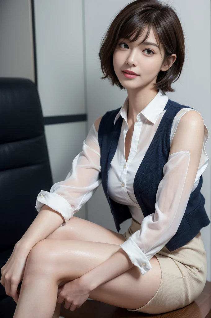 (masterpiece:1.3), High resolution, Super detailed, Highly detailed CG Unity 8k wallpaper, Realistic, photo-Realistic, RAW Photos, Beautifully detailed face, Pale skin, Realistic skin, Detailed cloth texture, Detailed hair texture, Perfect Proportions, Beautiful Face, Accurate, Anatomically correct, Highly detailed face and skin texture, Natural neck length, Shiny Necklace, (Beautiful Hands), (Fair skin:1.2), Thin legs, Thin legs, Sexy thighs, break, Fine grain, Symmetrical eyes, Light brown eyes, double eyelid, Thin eyebrows, (Glossy Lips:1.4), (Smile of the Goddess:1.2), (blush:1.1), break, (Flight attendant girl), (Wearing a vest over a white button shirt:1.3), (Wearing a navy pencil skirt:1.2), (High heels:1.1), (Medium large breasts), (Slim figure:1.2), (Dark brown hair, Wavy Hair), ((short hair, Asymmetrical bangs:1.2)), (Upper Body Shot:1.2), (Focus on the knee:1.2), (from the front:1.3), break, ((I'm squatting on the wide floor of the first class with my chin up:1.2)), (Inside a private plane:1.2),
information