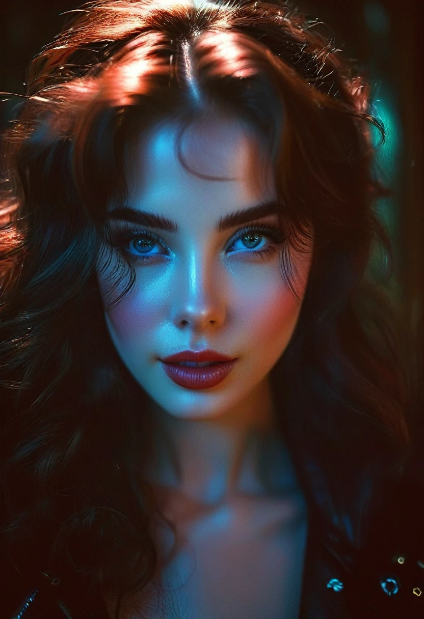 (((ultra realistic))) Photo, masterpiece, top quality, (pale skin), (Ultra detailed face and eyes:1.2), Bright eyes, 1 girl, hood, Dark background, (Eye makeup, mascara) , ((Dark wavy hair)) , ((Stylish hairstyle)) , (Natural breasts), (A slight smile), ((Posing)), photoshoot, studio (Contour lighting), (The play of light and shadows), depth of field, bokeh, (special attention to skin detail: 1.2), Detailed leather texture, skin pores. ((Dark and gloomy atmosphere of the frame. color scheme - black, Gray, Ashen, [[Red]] Tons)), ((Film grain, VHS effect)), ((rays)) , ((waist up portrait, close to the camera)) , ultra detialed,
