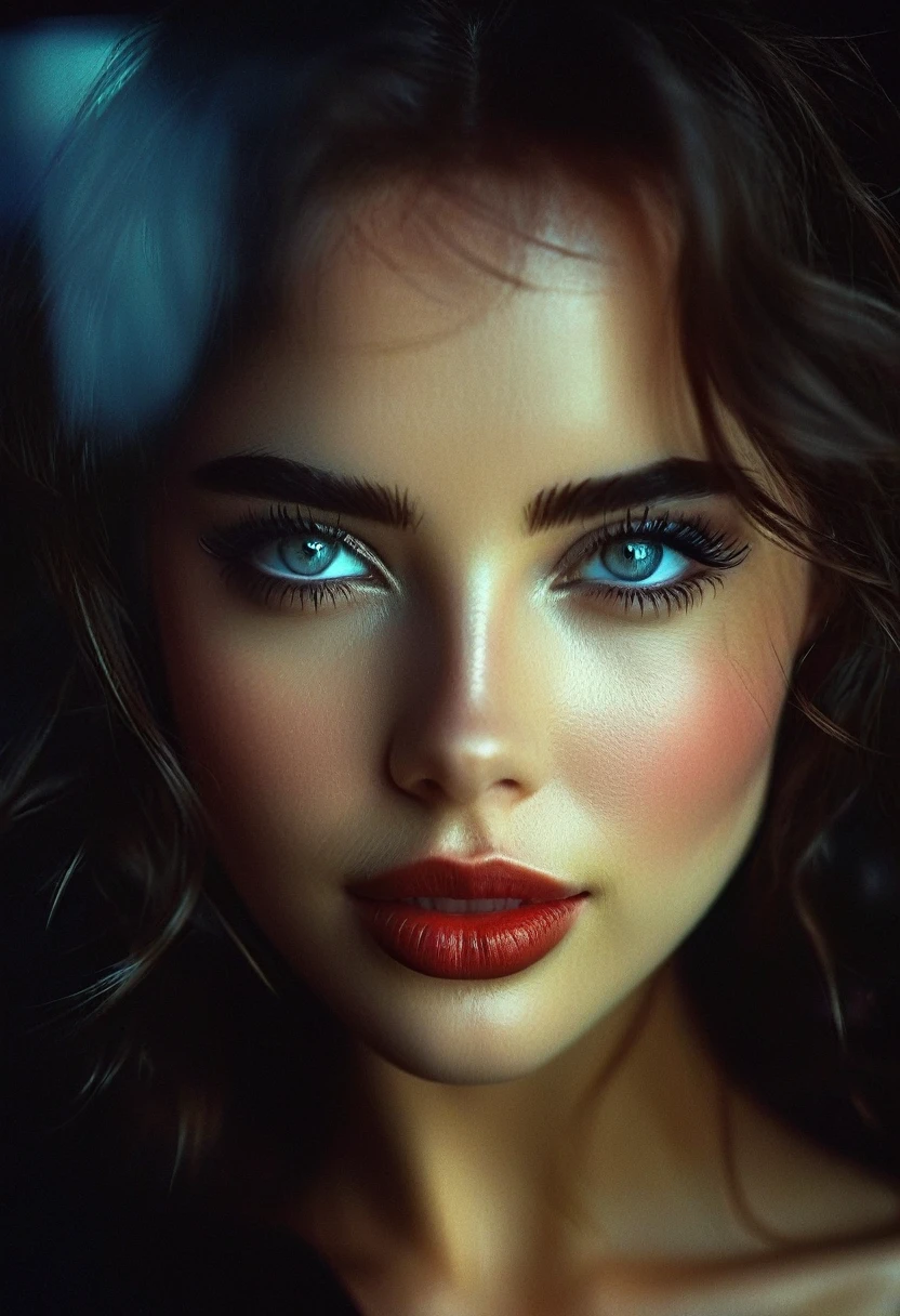 (((ultra realistic))) Photo, masterpiece, top quality, (pale skin), (Ultra detailed face and eyes:1.2), Bright eyes, 1 girl, hood, Dark background, (Eye makeup, mascara) , ((Dark wavy hair)) , ((Stylish hairstyle)) , (Natural breasts), (A slight smile), ((Posing)), photoshoot, studio (Contour lighting), (The play of light and shadows), depth of field, bokeh, (special attention to skin detail: 1.2), Detailed leather texture, skin pores. ((Dark and gloomy atmosphere of the frame. color scheme - black, Gray, Ashen, [[Red]] Tons)), ((Film grain, VHS effect)), ((rays)) , ((waist up portrait, close to the camera)) , ultra detialed,
