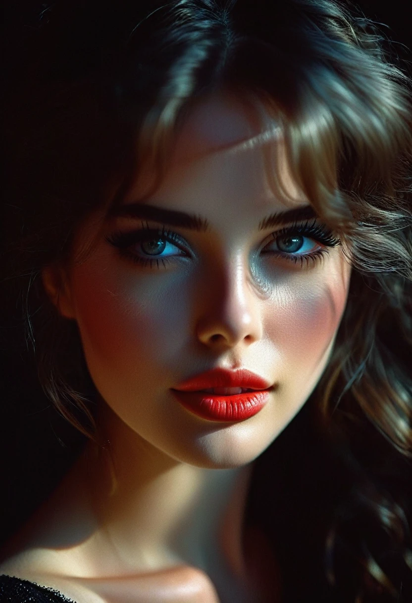 (((ultra realistic))) Photo, masterpiece, top quality, (pale skin), (Ultra detailed face and eyes:1.2), Bright eyes, 1 girl, hood, Dark background, (Eye makeup, mascara) , ((Dark wavy hair)) , ((Stylish hairstyle)) , (Natural breasts), (A slight smile), ((Posing)), photoshoot, studio (Contour lighting), (The play of light and shadows), depth of field, bokeh, (special attention to skin detail: 1.2), Detailed leather texture, skin pores. ((Dark and gloomy atmosphere of the frame. color scheme - black, Gray, Ashen, [[Red]] Tons)), ((Film grain, VHS effect)), ((rays)) , ((waist up portrait, close to the camera)) , ultra detialed,
