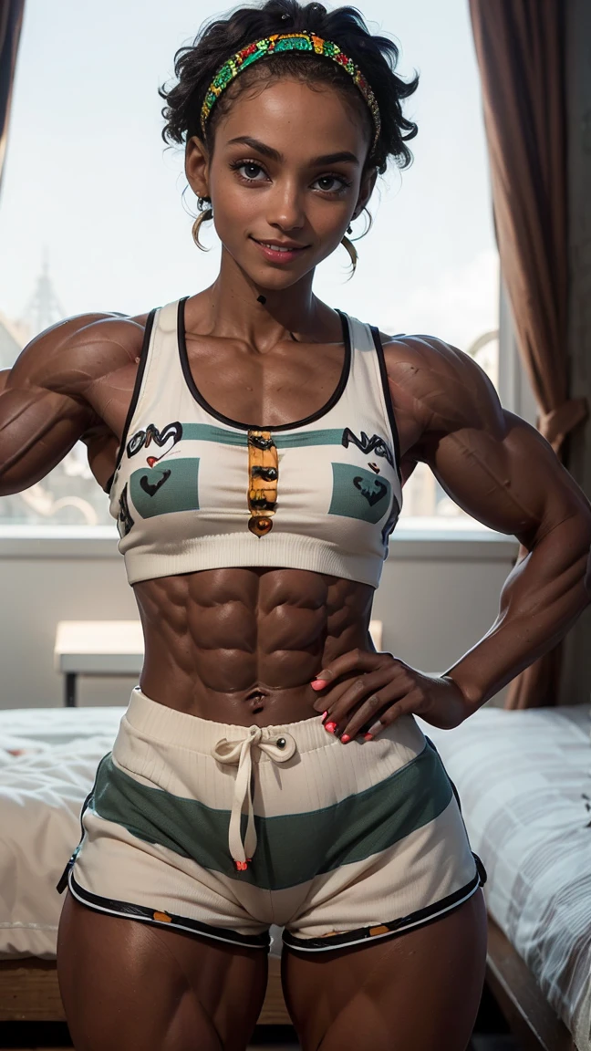 (Muscular:2), (thick muscular thighs, wide hips:2.5), (african female, dark skin:2.5), (brown eyes, frizzy hair, afro), (25 years old), earrings, eyeshadow, lipstick, bokeh, (nose freckles:1.5), (upper body view, visible head:2), (striations), (long hard nipples, pokies:1.5), (large perky breasts:1.5), (cropped tanktop, pajama shorts, striped pattern:2), (sculpted muscles:1.7), (athletic body:1.5), (muscular body:2), (looking at viewer), (from front), (sensual smile:1.3), detailed eyes, dark bedroom, (dawn lighting), rim lighting, two tone lighting, dimly lit, clean skin, low key (DETAILED SKIN), (big ass), (underboob)