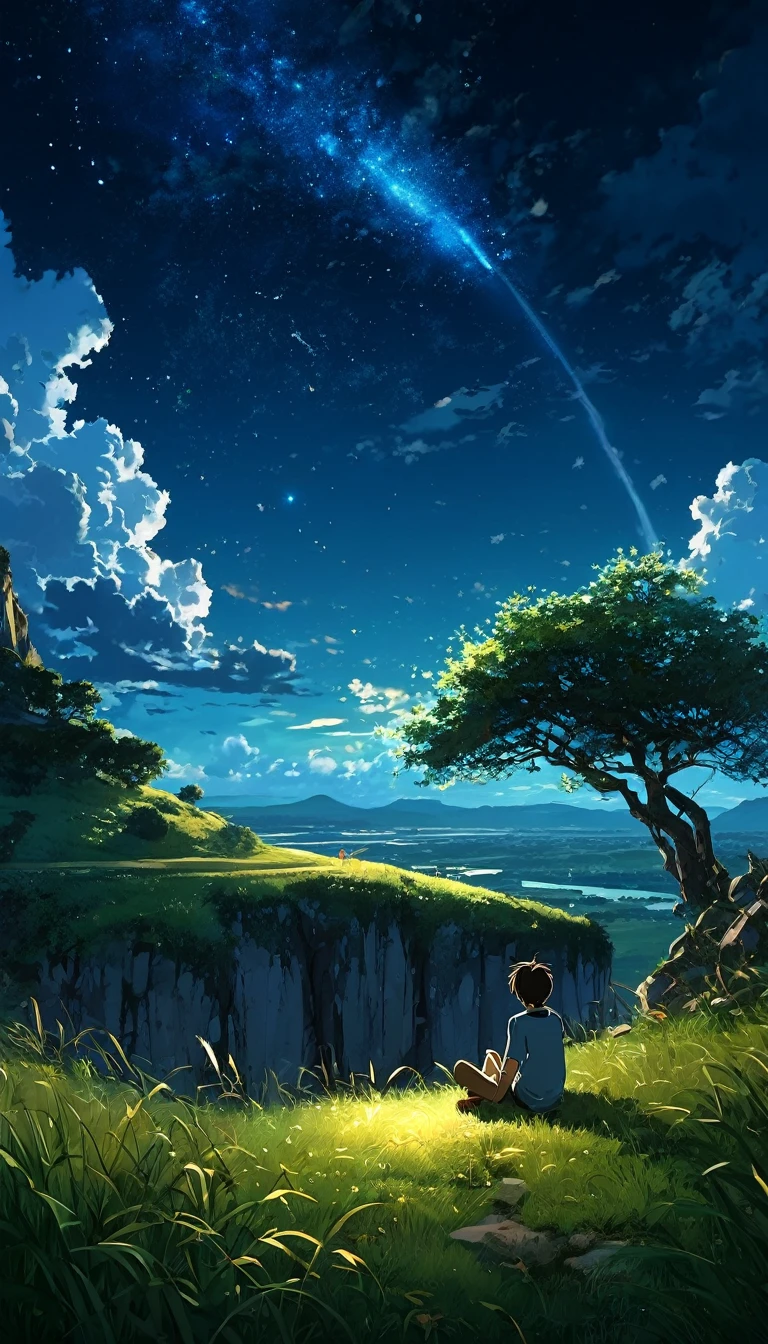 a boy sitting under a tree near a cliff in a meadow , seeing a vast night sky with fluffy clouds and brush strokes , tall grasses stones, , makoto shinkai cyril rolando, anime art wallpaper 4k, anime art wallpaper 4k, animated background, anime art wallpaper 8K, animated background art, Anime Landscape Wallpaper, amazing wallpaper, HD wallpaper, 4k anime wallpaper, 4k anime wallpaper, Aries Moross art,art by Bob Byerley , AshleyWoodArtAI, greg rutkowski(brokeh effect)(shinning dots)(glowing fireflies) night