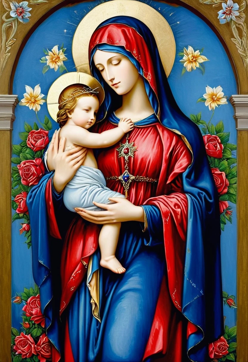 Painting of a woman holding a in her arms, Virgin Mary, with Jesus, Mother is, Queen of Heaven, Beautiful art, Beautiful paintings, Beautiful depiction, Virgin Maryの肖像, カトリックReligious art, Rozen Maiden, Sacred and beautiful, Blue background, Borregov, Gwaiz's masterpiece, Religious art, Christian art, Religious paintings、Smile