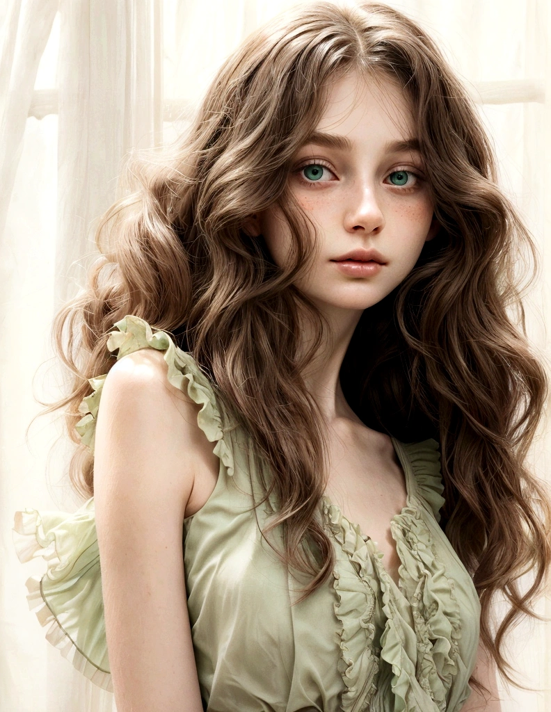 (Close-up of the upper body of a woman wearing a green sleeveless frilly blouse), Surrealistic, realistic and exquisite digital illustration, (Beautiful face_delicate features, clear and pale skin), long brown wavy hair, inspired work,