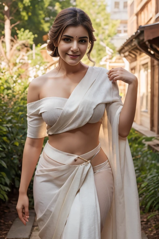 Nsfw. walking in a moonlit courtyard, forest background, mythival forest, huge trees, exotic girl, indian, vivacious, looking at the viewer, shining skin, perfect lighting, the embodiment of grace and elegance, provocative pose, smiling seductively, (off shoulder unbuttoned shirt and lower saree), big breasts, curvy ass, clear curvy details, beautiful curves, detailed eyes, detailed pupil, long shining hair, volumetric lighting, Ultra Detailed, unity 8k wallpaper, ultra detailed, aesthetic, masterpiece, best quality, photorealistic