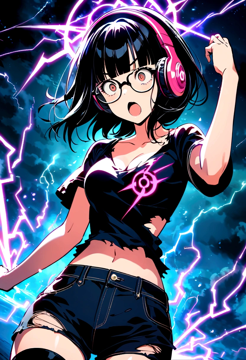 (extremely detailed fine touch:1.3), girl, solo,electric shock, wide-eyed, rolling eyes, open mouth, surprised expression, torn shirt, torn shorts, short sleeves, short hair, blunt bangs, (((under-rimmed glasses:1.3))), (headphones:1.3), medium breasts, clavicle, cleavage, midriff, Lightning Magic, big Magic circle around girl, Mystical magic circle, Lightning storm in the background, night,