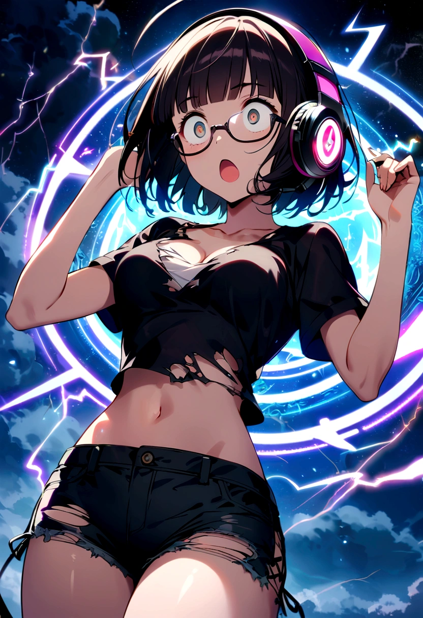 (extremely detailed fine touch:1.3), girl, solo,electric shock, wide-eyed, rolling eyes, open mouth, surprised expression, torn shirt, torn shorts, short sleeves, short hair, blunt bangs, (((under-rimmed glasses:1.3))), (headphones:1.3), medium breasts, clavicle, cleavage, midriff, Lightning Magic, big Magic circle around girl, Mystical magic circle, Lightning storm in the background, night,