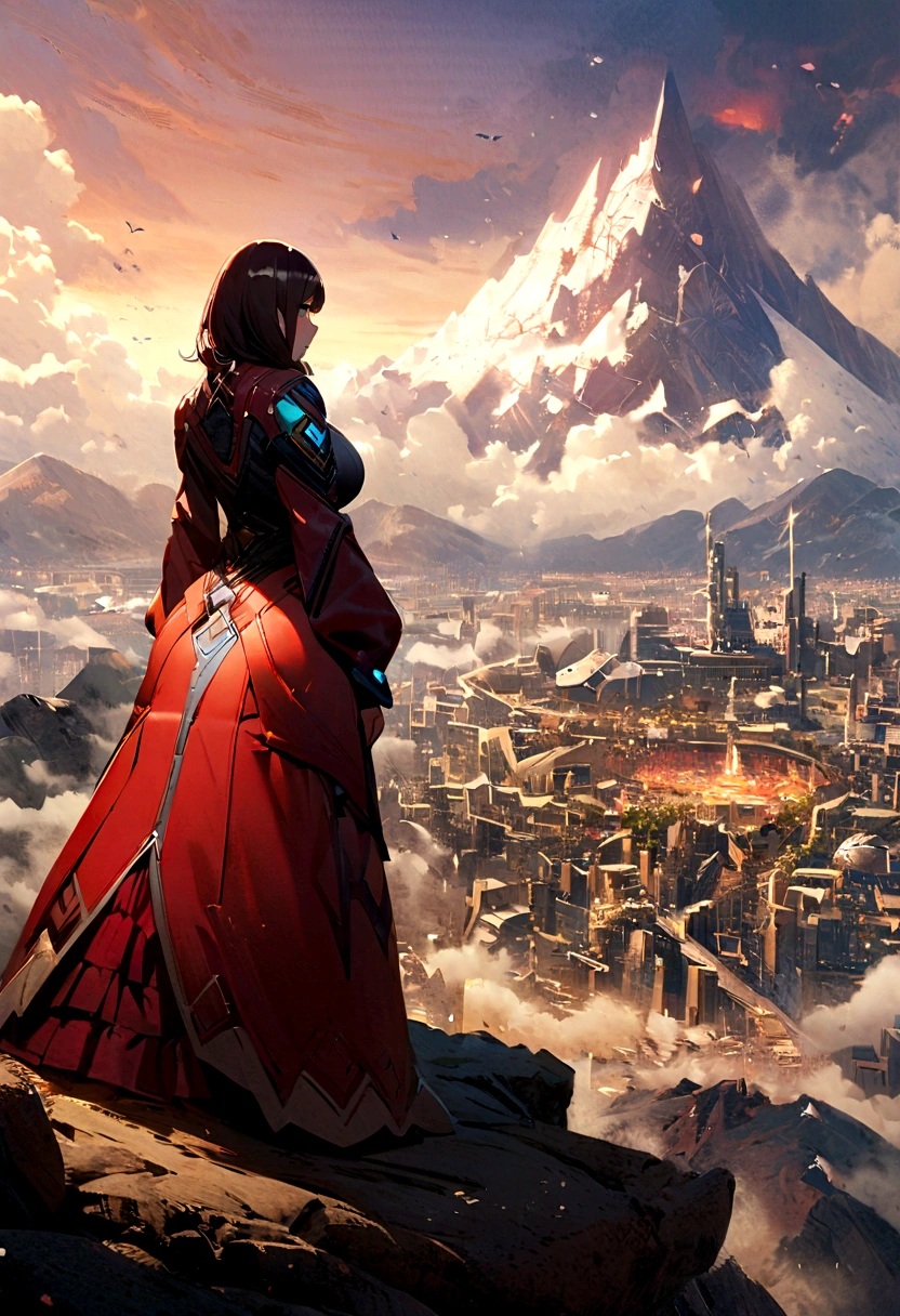 A standing beside of a Cute big ass busty milf in full clothes enjoying the view of a Big developed city with advance technology located around a mysterious mountain