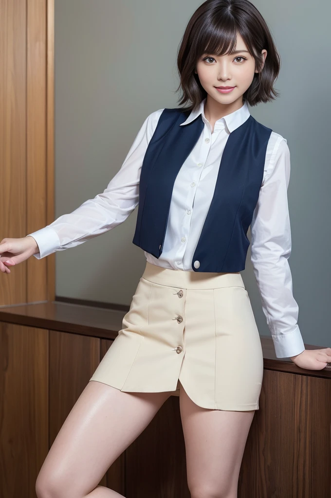 (masterpiece:1.3), High resolution, Super detailed, Highly detailed CG Unity 8k wallpaper, Realistic, photo-Realistic, RAW Photos, Beautifully detailed face, Pale skin, Realistic skin, Detailed cloth texture, Detailed hair texture, Perfect Proportions, Beautiful Face, Accurate, Anatomically correct, Highly detailed face and skin texture, Natural neck length, Shiny Necklace, (Beautiful Hands), (Fair skin:1.2), Thin legs, Thin legs, Sexy thighs, break, Fine grain, Symmetrical eyes, Light brown eyes, double eyelid, Thin eyebrows, (Glossy Lips:1.4), (Smile of the Goddess:1.2), (blush:1.1), break, (Flight attendant girl), (Wearing a vest over a white button shirt:1.3), (Wearing a navy pencil skirt:1.2), (High heels:1.1), (Medium large breasts), (Slim figure:1.2), (Dark brown hair, Wavy Hair), ((short hair, Asymmetrical bangs:1.2)), (Upper Body Shot:1.2), (Focus on the knee:1.2), (from the front:1.3), break, ((I'm squatting on the wide floor of the first class with my chin up:1.2)), (Inside a private plane:1.2),
information