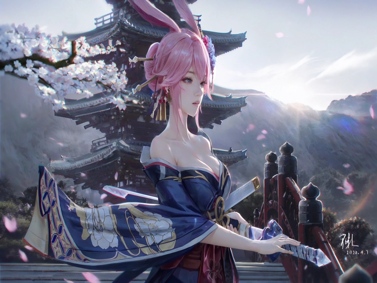 beautiful girl with pink hair and a sword in front of a pagoda, revealing kimono, realistic, busty