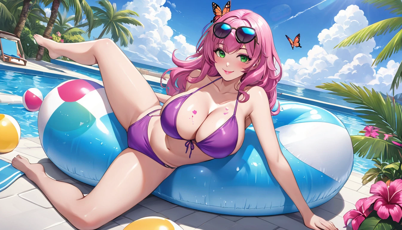 best aesthetic, lolsplashart, pool missfortune, 1girl, solo, long hair, , back towards viewer, looking at viewer, smile, bangs, very , really huge , big , massive , swimsuit, cleavage, pink lipstick, kiss marks, green eyes, magenta hair, pink hair, outdoors, sky, day, , cloud, tree, water, pedal, blue sky, butterfly wings, purple , pink pool float, inflatable butterfly wings, arm floaties, beach ball, sunglasses, palm tree, beachball, beach umbrella, ocean waves, a beautiful young woman with long pink hair, wearing a purple  and sunglasses, lounging on a pool float while kissing a beach ball in a sparkling blue pool. She is surrounded by tropical flowers and palm trees, and the scene is set against a backdrop of a bright blue sky with fluffy white clouds. The woman's pose is  and  as she floats in the pool, enjoying the sunshine. The colorful flowers, pool float, and her bold purple  all contribute to the fun, summery vibe. The overall atmosphere is cheerful and lighthearted, capturing the essence of a perfect poolside day.
