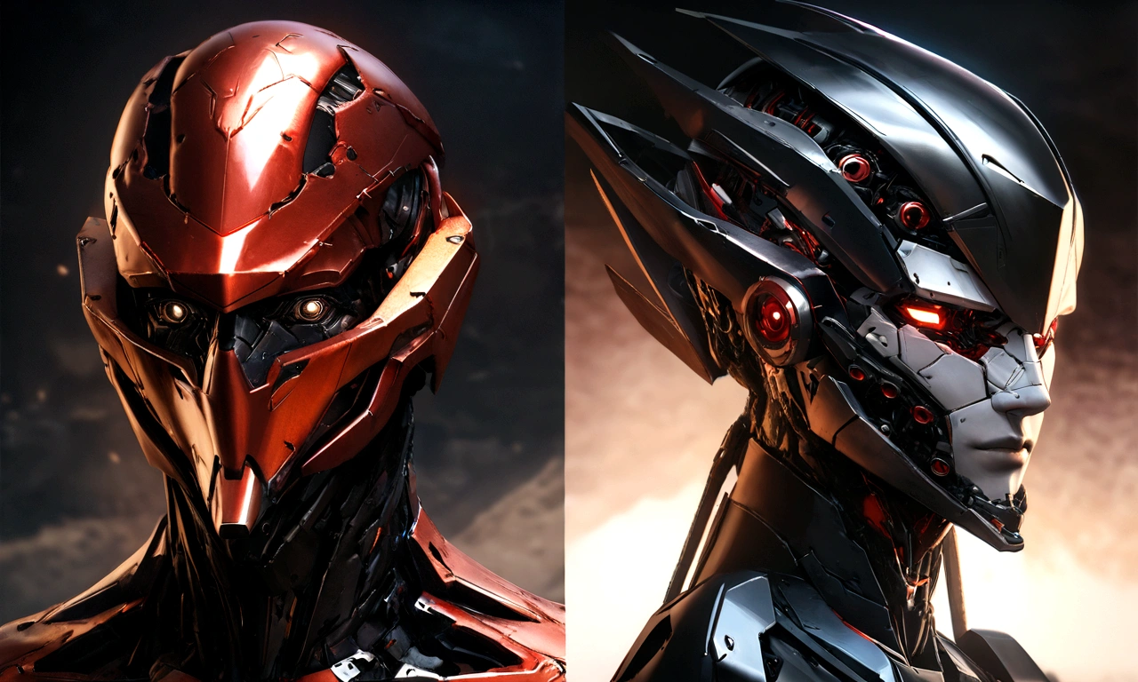 Sharpened man in black and red metallic armor with hood, detailed portrait of a cyborg, close-up portrait of cyborg, portrait of a futuristic robot, male cyborg military commander, attractive science fiction face, masculine appearance, portrait of cyborg, Futuristic Setting, portrait of a cyborg, cyborg portrait, portrait of a cyborg cyberpunk, male cyborg, in metallic black futuristic armor, olpntng style, Portrait of the gynoid robot Samus in Wasteland, perfect composition, beautiful detailed intricate insanely detailed octane render Tendências no ArtStation, 8k art photography, photorrealistic concept art, soft natural volumetric cinematic perfect light, Bright dark, rewarded photography, work of art, oil on canvas, perfect composition, beautiful detailed intricate insanely detailed octane render Tendências no ArtStation, 8k art photography, photorrealistic concept art, futuristic setting, soft natural volumetric cinematic perfect light, darkness background
