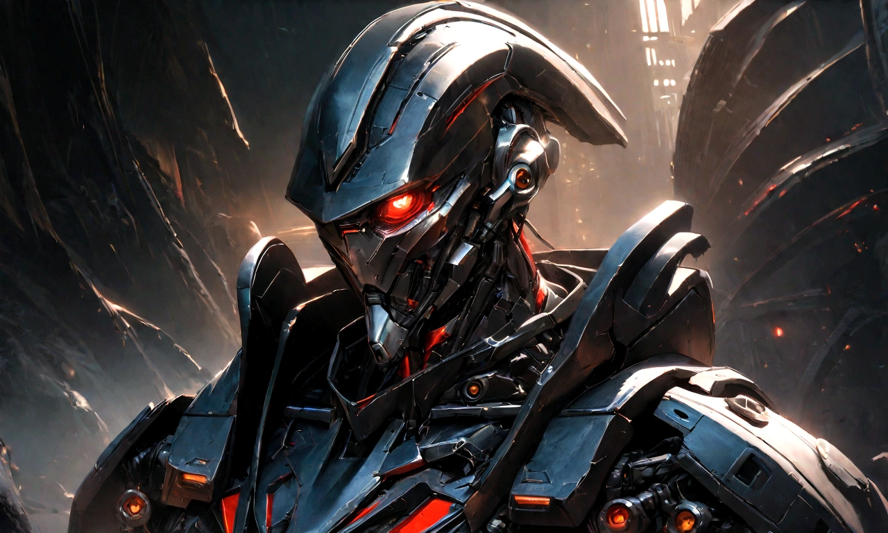 Sharpened man in black and red metallic armor with hood, detailed portrait of a cyborg, close-up portrait of cyborg, portrait of a futuristic robot, male cyborg military commander, attractive science fiction face, masculine appearance, portrait of cyborg, Futuristic Setting, portrait of a cyborg, cyborg portrait, portrait of a cyborg cyberpunk, male cyborg, in metallic black futuristic armor, olpntng style, Portrait of the gynoid robot Samus in Wasteland, perfect composition, beautiful detailed intricate insanely detailed octane render Tendências no ArtStation, 8k art photography, photorrealistic concept art, soft natural volumetric cinematic perfect light, Bright dark, rewarded photography, work of art, oil on canvas, perfect composition, beautiful detailed intricate insanely detailed octane render Tendências no ArtStation, 8k art photography, photorrealistic concept art, futuristic setting, soft natural volumetric cinematic perfect light, darkness background