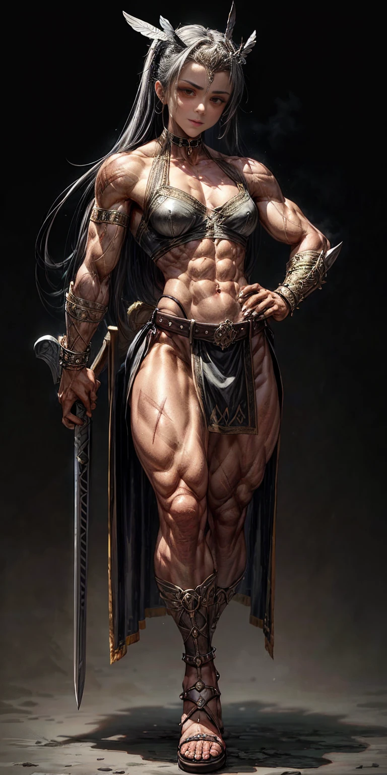 Subject: 1 Solo Female Gladiator Pose: Full body, whole body Standing tall, hands on hips (conveying confidence) Feet together, conveying a strong stance View from slightly below, emphasizing her power Clothing and Armor: Loincloth (detailed and well-crafted, showcasing her warrior status) Metal sandals, sturdy and battle-worn Leather choker, adorned with a gladiator emblem or small spikes (optional) Big belt, holding additional weapons or pouches (optional) Bracers on forearms, for protection Jewelry: Tiara (can be simple and battle-ready, or adorned with feathers or gladiator symbols) Additional Details: Strong, defined muscles Determined expression on her face Optional: scars or other battle marks that tell a story of her victories