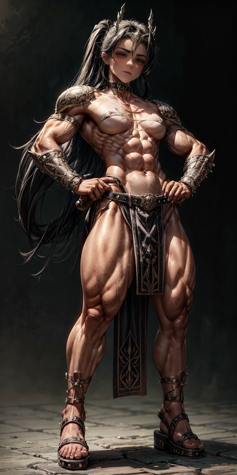 Subject: 1 Solo Female Gladiator Pose: Full body, whole body Standing tall, hands on hips (conveying confidence) Feet together, conveying a strong stance View from slightly below, emphasizing her power Clothing and Armor: Loincloth (detailed and well-crafted, showcasing her warrior status) Metal sandals, sturdy and battle-worn Leather choker, adorned with a gladiator emblem or small spikes (optional) Big belt, holding additional weapons or pouches (optional) Bracers on forearms, for protection Jewelry: Tiara (can be simple and battle-ready, or adorned with feathers or gladiator symbols) Additional Details: Strong, defined muscles Determined expression on her face Optional: scars or other battle marks that tell a story of her victories