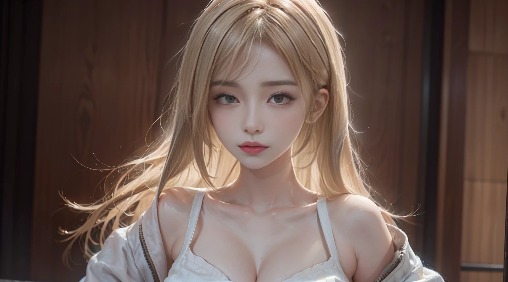 a 20-year-old woman, blond, (hi-top fade:1.3), dark theme, soothing tones, dim colors, high contrast, (natural skin texture, hyper realism, soft lights, sharp)