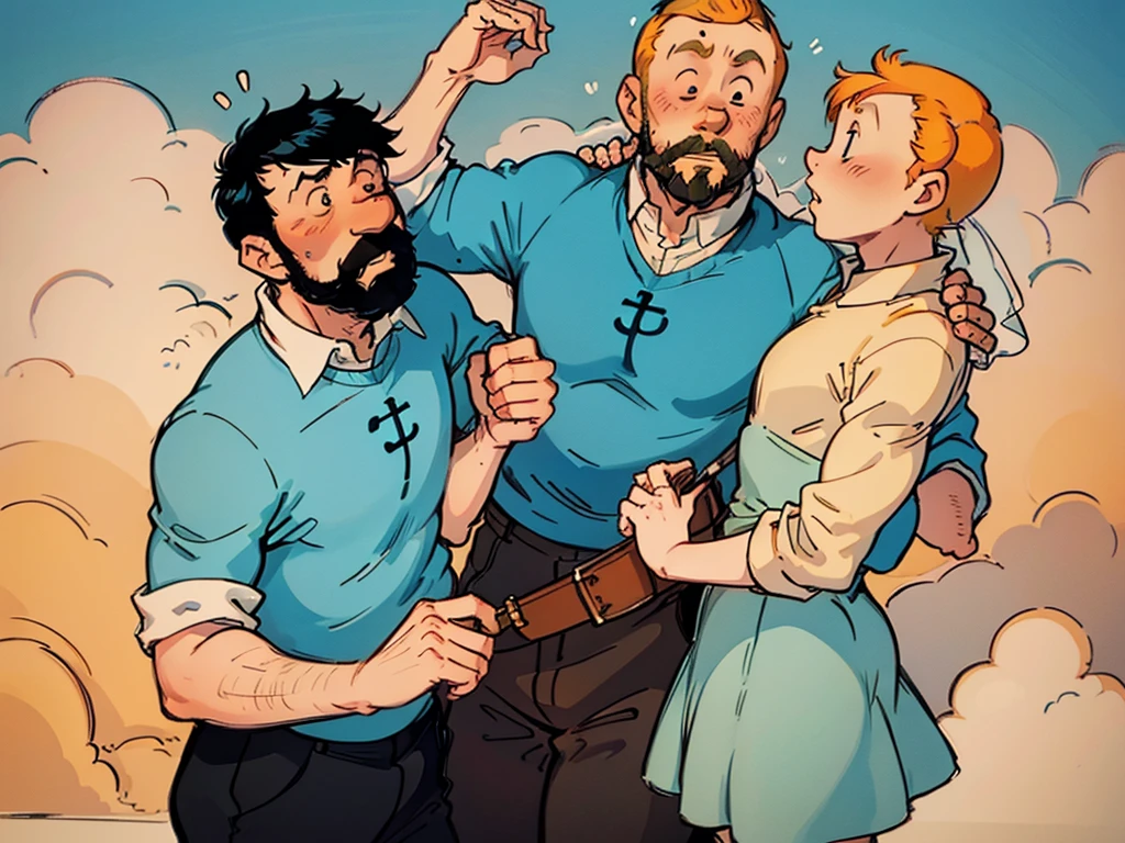 The wedding of Tintin and Captain Haddock from Hergé's comics in delicate pastel colors.  Both men.  Tintin is slightly shorter than Captain Haddock.  Haddock has black hair.