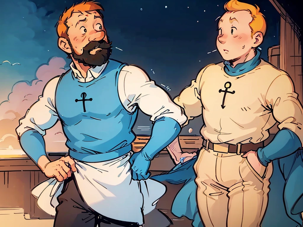 The wedding of Tintin and Captain Haddock from Hergé's comics in delicate pastel colors.  Both men.  Tintin is slightly shorter than Captain Haddock.  Haddock has black hair.