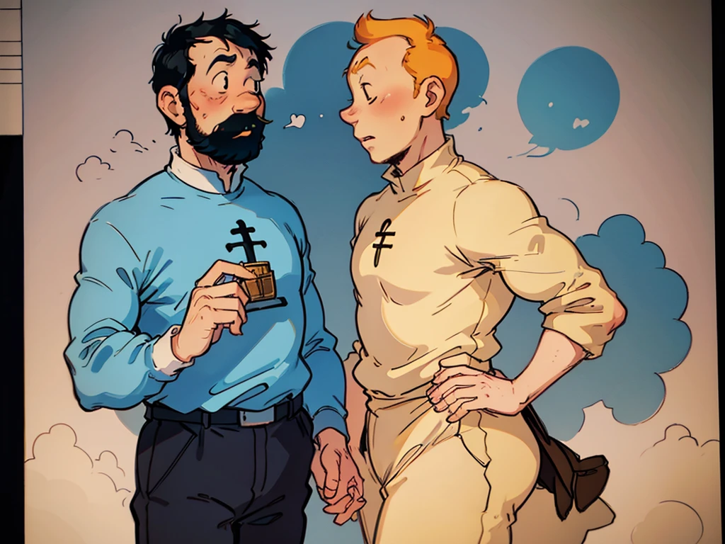 The wedding of Tintin and Captain Haddock from Hergé's comics in delicate pastel colors.  Both men.  Tintin is slightly shorter than Captain Haddock.  Haddock has black hair.