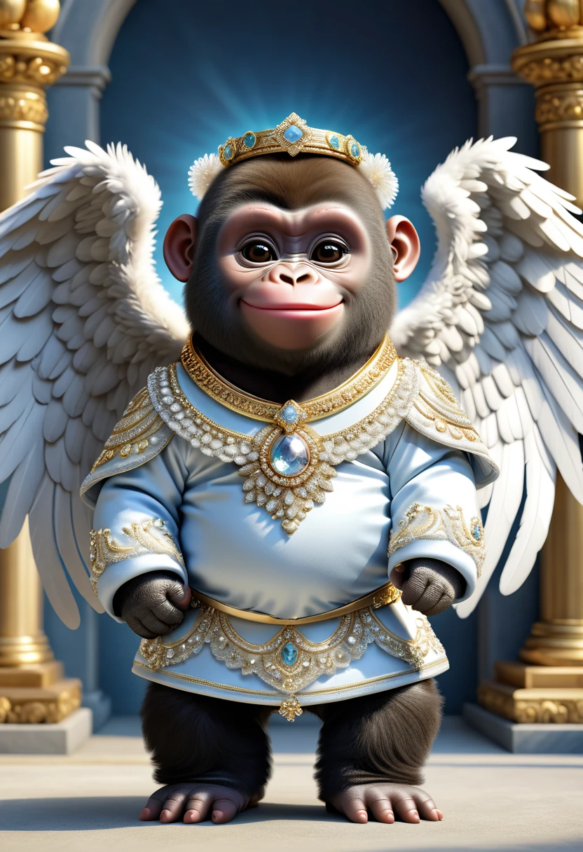  photorealistic portrait of Dressed animals-a ((fat)) baby ((gorilla)) angel,(furry), (elegant pose:1.5), (hands on hips:1.5),(smile:1.5),high quality,(angel wings),(lovely) ,intricate details, Wearing angel clothes , (angel's ring above head), highly detailed ((angel wings)) ,highly detailed decorations of clothes, angel boots , (happy), soft lighting,(full body image:2.0),holy temple background,clouds,score_9, score_8_up, score_7_up, score_6_up, score_5_up, score_4_up,