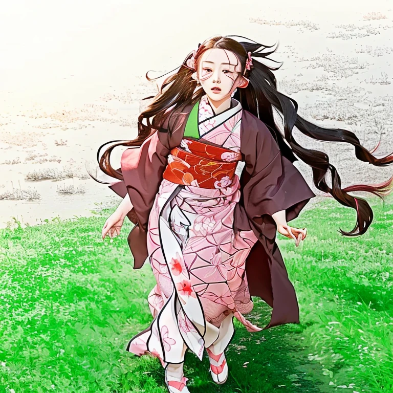 A girl in a kimono walking through the grass, nezuko-chan, nezuko,Demon Slayer Art Style, Kimetsu no Yaiba, Pink kimono,