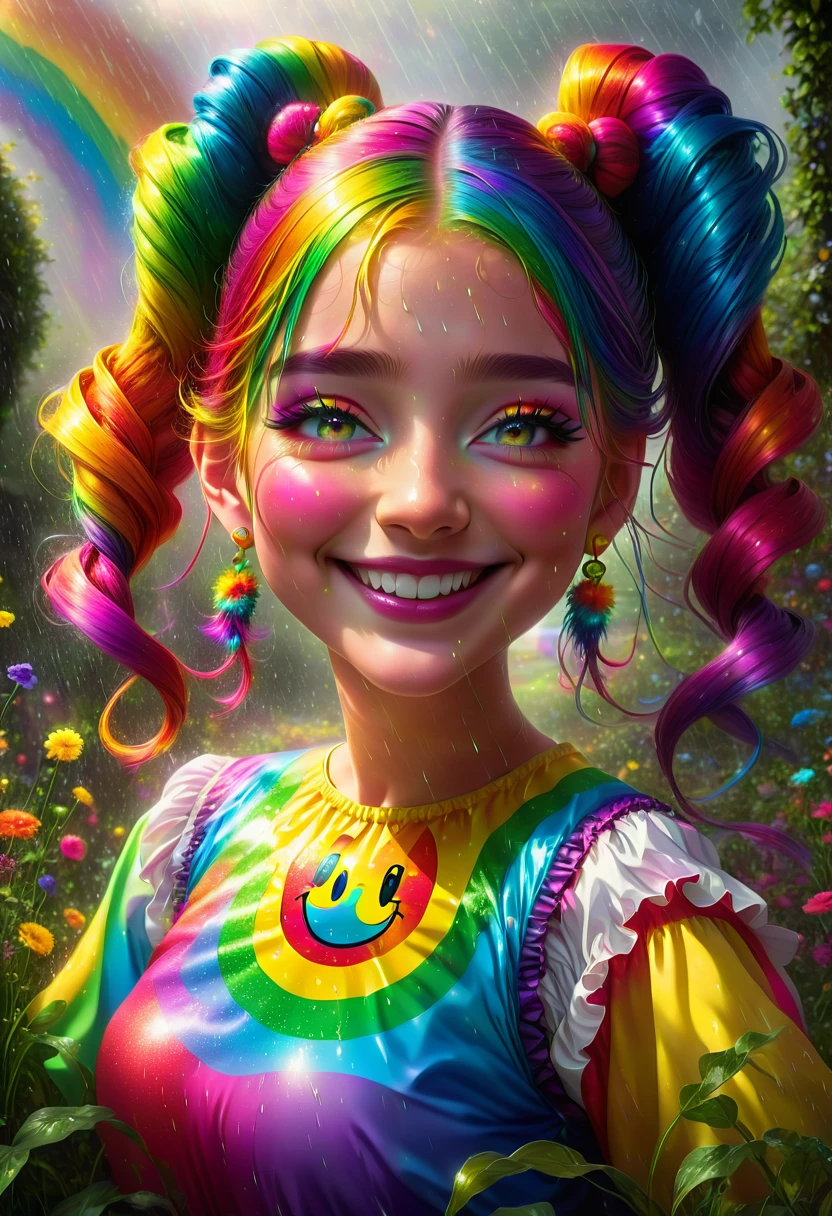 ( One dancing girl:1.9)、Long rainbow colored pigtails、A smiley face with a hint of madness、face is distorted、In a magical rainy garden、Beautiful Magical Girl、Shining morning sunlight、Low Angle Shots、Close up of a girl、Very detailed、complicated、Photorealistic、8K、HDR、Cinematic lighting、Bright colors、Soft and dreamy