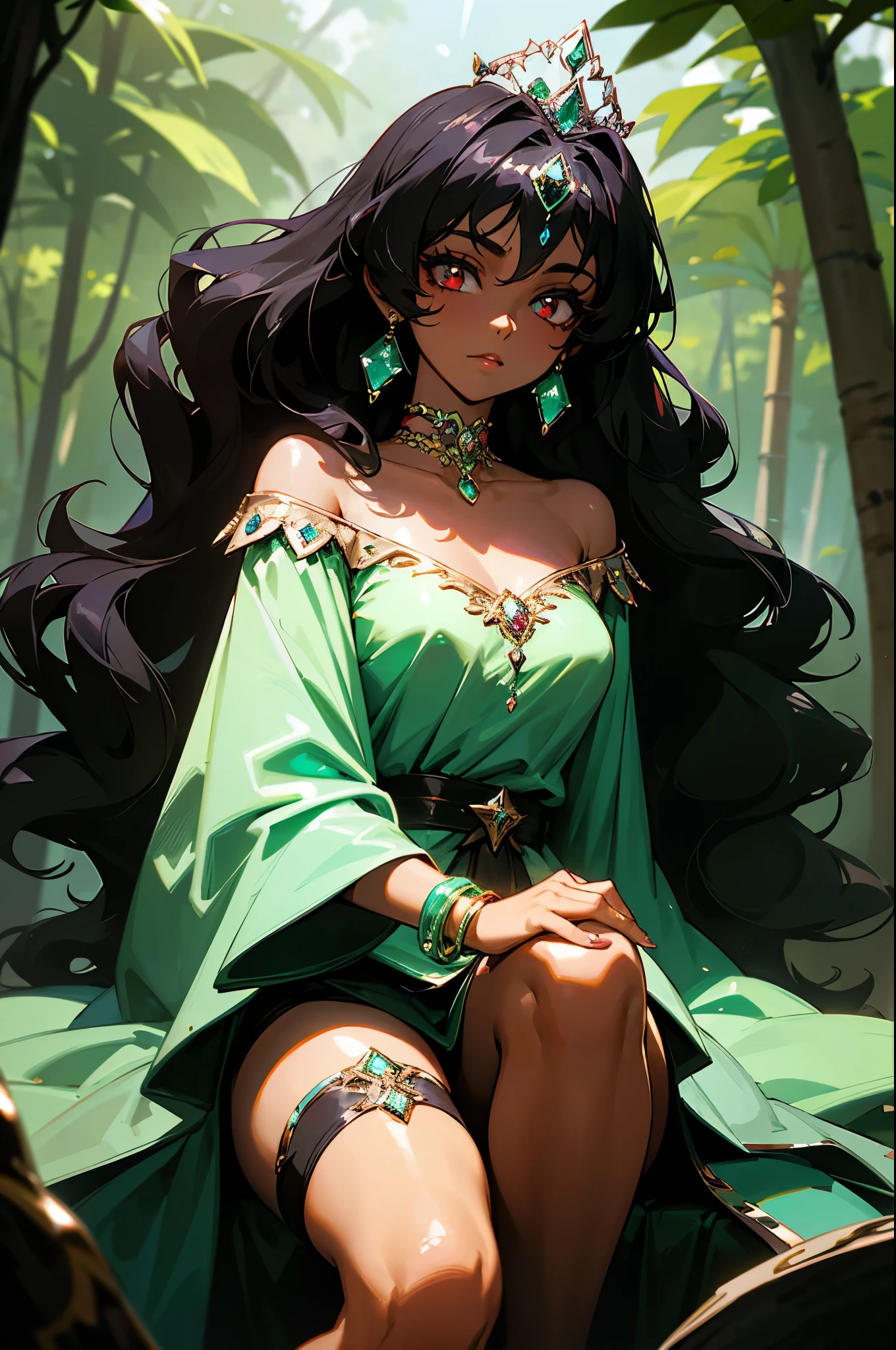 fog, dark skin reflecting light, shiny glowing eyes, shiny accessories, emerald accessories, choker, princess tiara, bracelet, thigh garter, 1 girl, dark skin, wavy hair, make-up, off-shoulder blouse, sitting on a tree branch