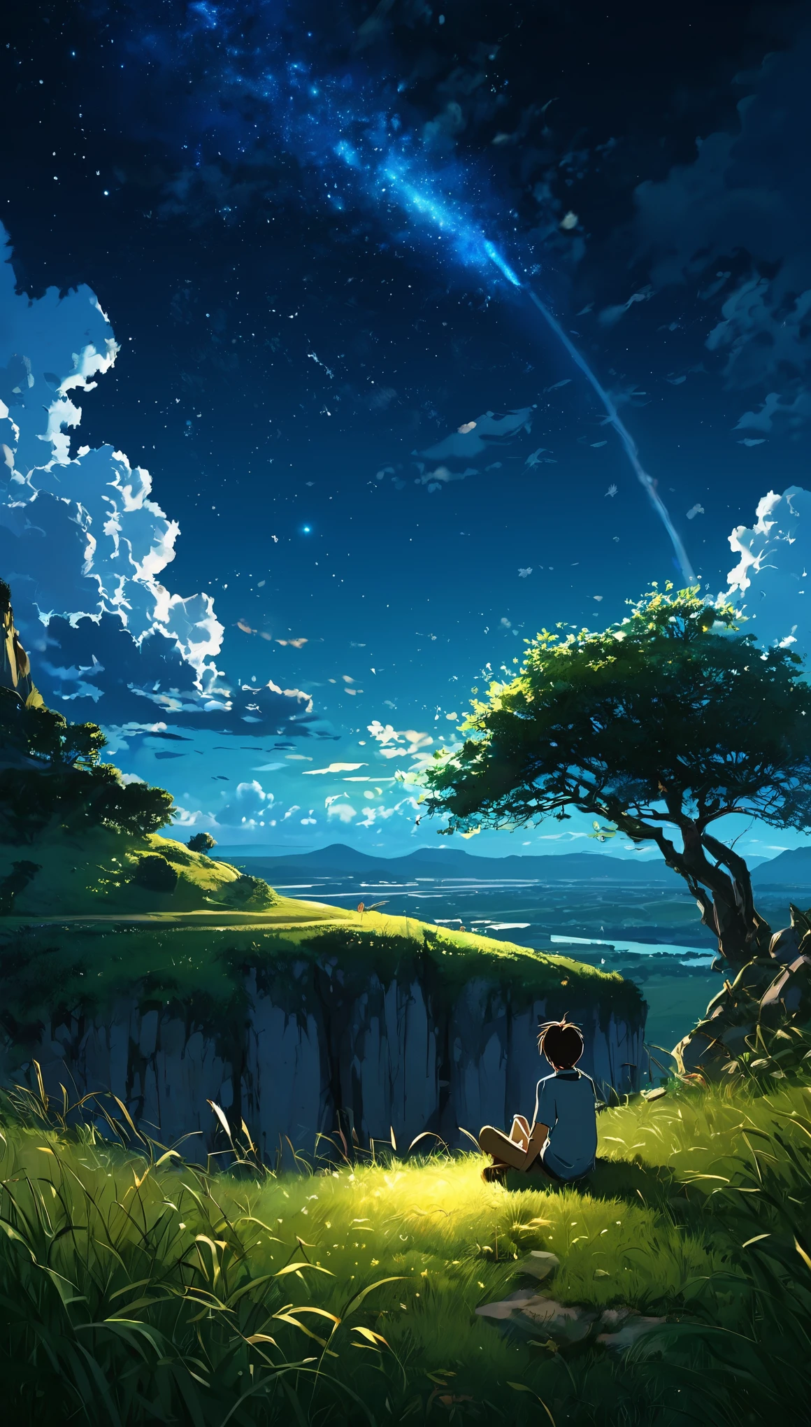 a boy sitting under a tree near a cliff in a meadow , seeing a vast night sky with fluffy clouds and brush strokes , tall grasses stones, , makoto shinkai cyril rolando, anime art wallpaper 4k, anime art wallpaper 4k, animated background, anime art wallpaper 8K, animated background art, Anime Landscape Wallpaper, amazing wallpaper, HD wallpaper, 4k anime wallpaper, 4k anime wallpaper, Aries Moross art,art by Bob Byerley , AshleyWoodArtAI, greg rutkowski(brokeh effect)(shinning dots)(glowing fireflies) night