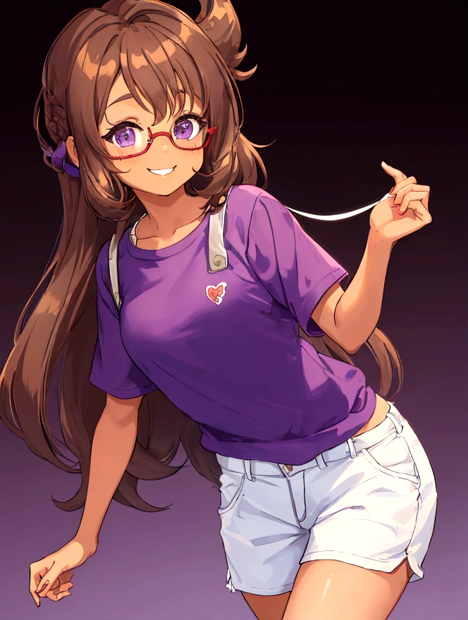 A young girl with glasses and short, flowing brown hair and brown skin. She is wearing a purple shirt and white shorts. She is standing in front of a black background. Her hair is long and loose to her shoulders. She has brown eyes and red glasses. She has a thin, friendly smile.