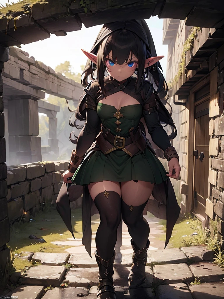 In the underground dungeon、(((Pitch black))),((((One female elf,Two Warriors)))),Came down the stairs,Stone wall,Torch light,Be wary of your surroundings