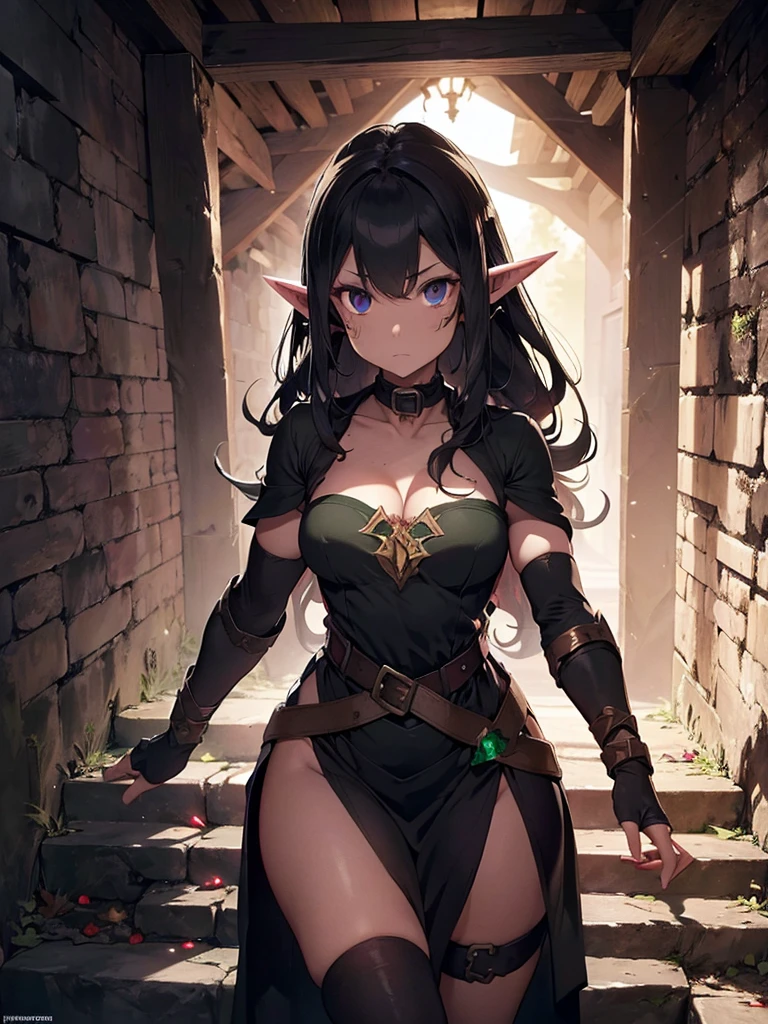 elf with torn clothes, sexy girl, short black hair, red and detailed eyes, thin panties on her pussy, breasts showing, holding 2 swords, detailed hand 5 fingers, 2 arms and 2 legs