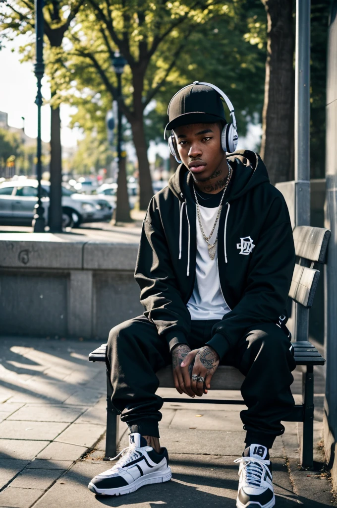 Undegraud rapper boy sitting on a park bench with headphones on,street photography: Capture spontaneous and authentic moments in urban environments that reflect everyday life and urban culture.Moda streetwear: Incorporate clothing and accessories characteristic of the streetwear and hip-hop style.

Unusual perspectives: Experiment with unconventional camera angles to give a sense of dynamism and energy