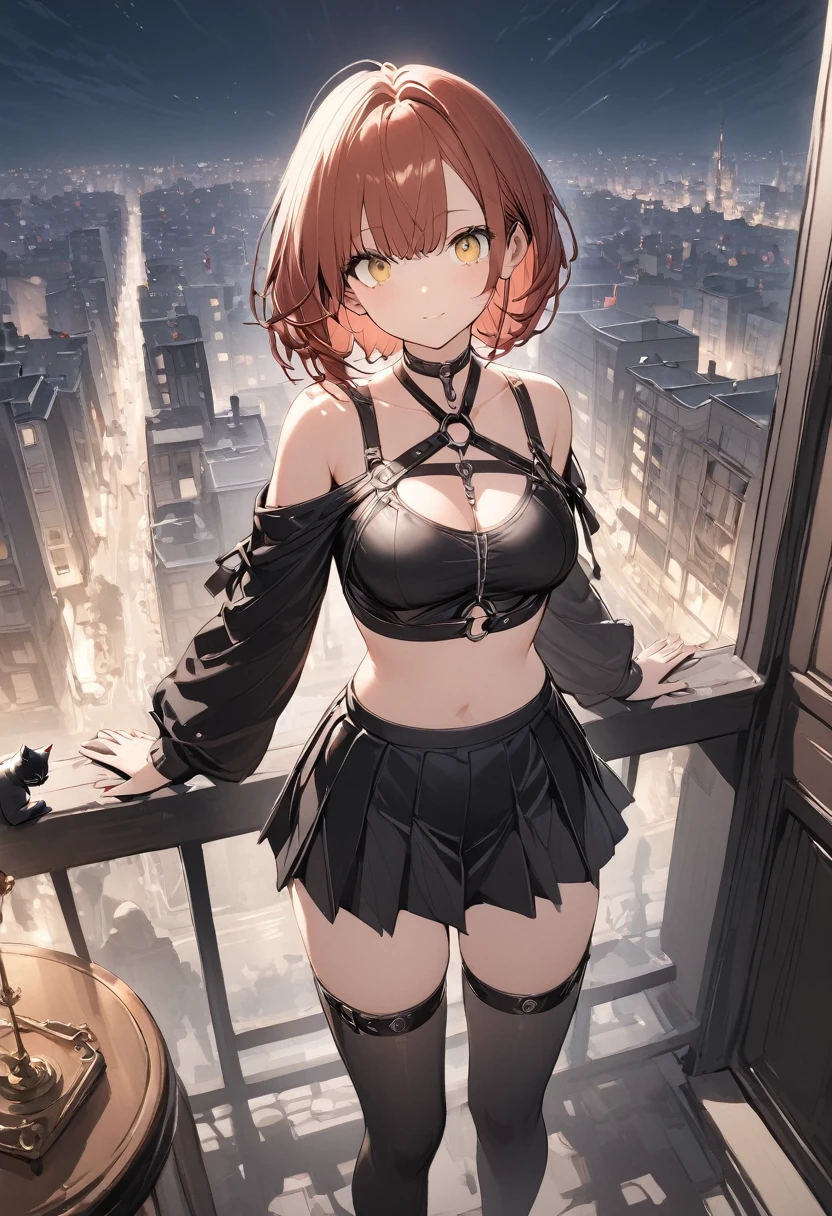 table top, highest quality,figure, wallpaper, Super detailed, absurd, 1 girl, alone, ( short red hair, yellow eyes), detailed and beautiful eyes , (street:1.3), hair blowing in the wind,(panoramic view:1.3),(sense of depth:1.5),(long shot:1.3) girl standing on balcony looking at the city at night, wearing open sexy clothes, black skirt, Black stockings, long sleeves, chest harness, black shirt, crop top, skirt, Shoes, O-Ring, midriff, off shoulder, medium breasts, thigh strap, pleated skirt (skirt blowing in the wind) looking up at the sky