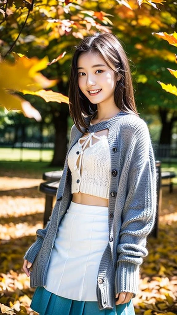 (Highest quality:1.5), (Real:1.4), (Ultra high definition:1.4), (No correction:1.4), (Skinny 18 year old girl), (1 Japanese very thin girl with flat chest in eighteen years old), (very thin body), skinny face, (Beautiful skin), (Knitted cardigans), (White long sleeve blouse), (Super long skirt), (girl is wearing knitted cardigan on a white long sleeve blouse and very long skirt), (very thin girl is standing in the autumn park), (18yo very thin girl is standing in the autumn park), (front view of a flat chest girl), (Autumn park), (Upper Body), (smile), (Turn your body forward), (flat chest), (very thin)