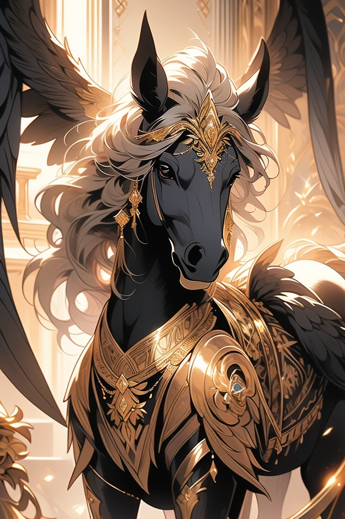 a close up of a black horse with gold and silver decorations, mythical creature, golden and copper shining armor, with hooves and wings, black wings instead of arms, ((a beautiful fantasy empress)), exquisite and handsome wings, a mythical creature, as a mystical valkyrie, majestic wings, in dark robes with gold accents, male centaur centaur chimera