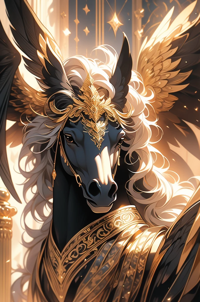 a close up of a black horse with gold and silver decorations, mythical creature, golden and copper shining armor, with hooves and wings, black wings instead of arms, ((a beautiful fantasy empress)), exquisite and handsome wings, a mythical creature, as a mystical valkyrie, majestic wings, in dark robes with gold accents, male centaur centaur chimera