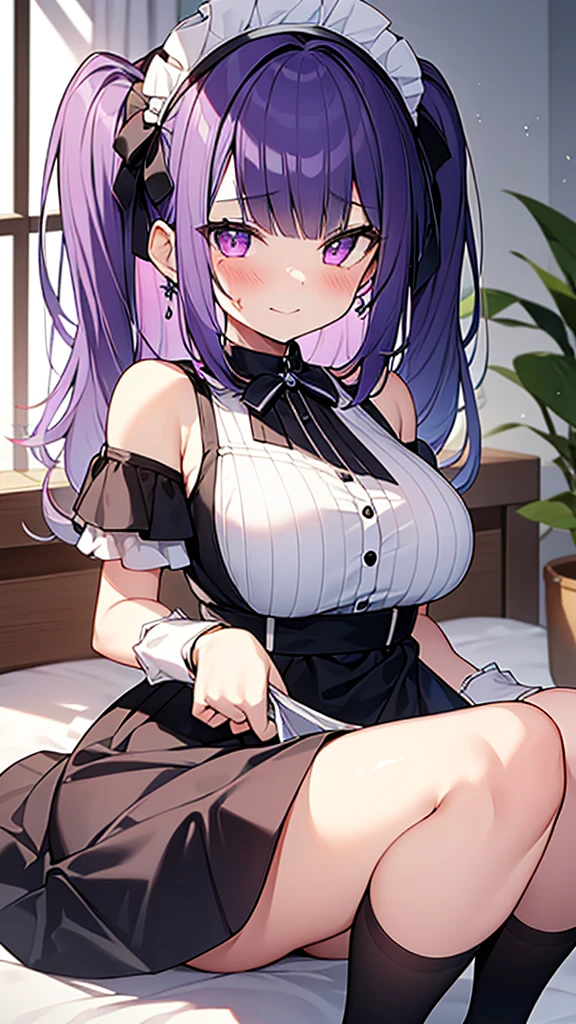最high quality, high quality, Super detailed, 32k, Ultra-detailed details, 2 girls, With maid(only, The cute face of my little sister that I stole from her, beautiful purple hair, Beautiful purple eyes, Big Breasts, A light smile, Red eyes, Off-the-shoulder sleeveless Summer clothes, Summer casual maid clothes, Short skirt, Blue and white color striped underwear, Black knee socks, My crotch is wet with love juice, 18-year-old,cute), Sister with her face peeled off(オンリー, , A grotesque face with the skin peeled off, Facial muscles are fully exposed, Chest is medium, , Lady), {{The maid had a terrible burn on her face and was lamenting it when her master's sister used her power to rip the face off and stick it onto the maid's face, taking on the sister's face.、The maid is happy and the sister is dead}}, The maid is standing, My sister sits in a chair, NSFW
