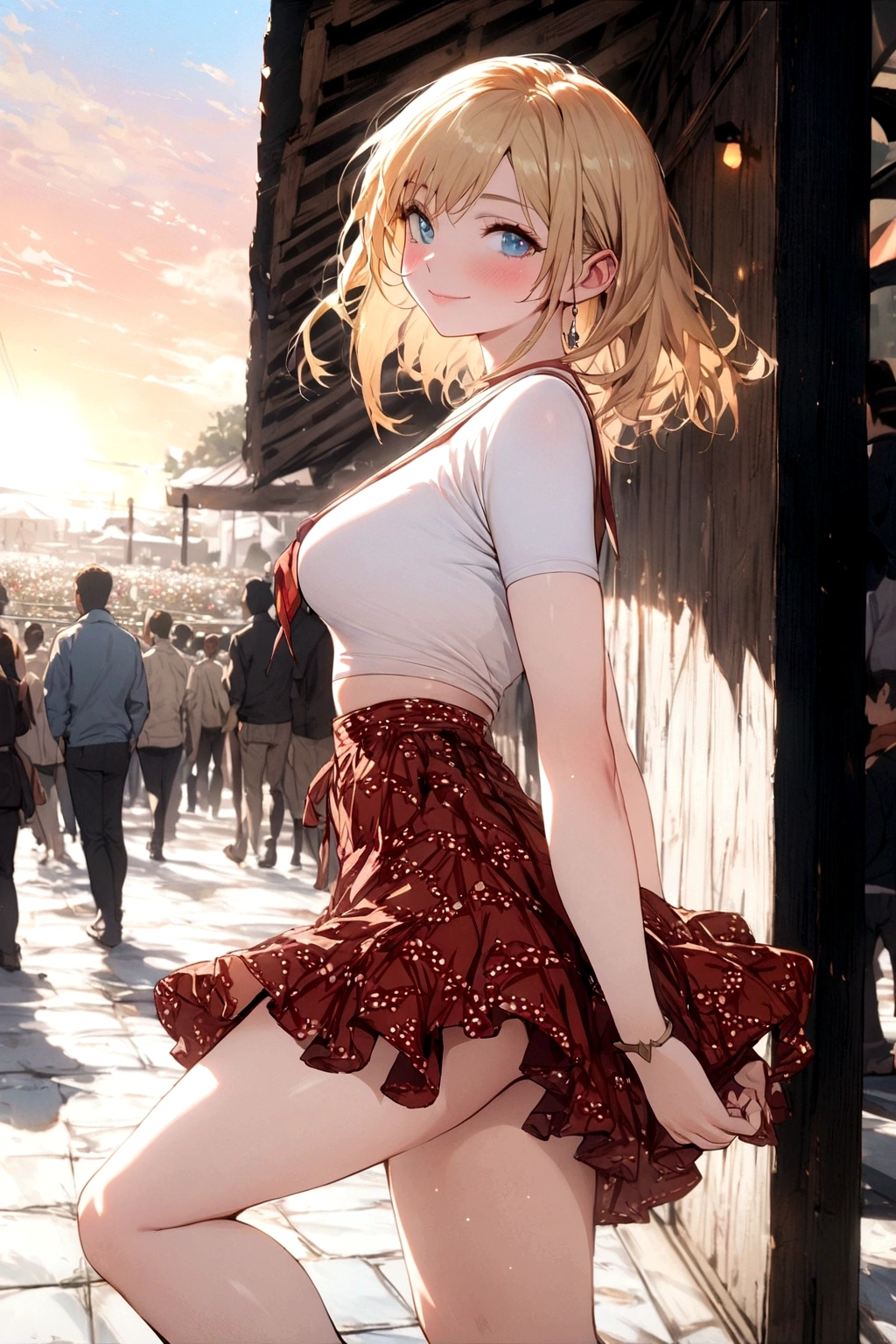 (masterpiece), 1girl, pale skin, blonde hair, short hair, blue eyes, sunset, from side, crowd,