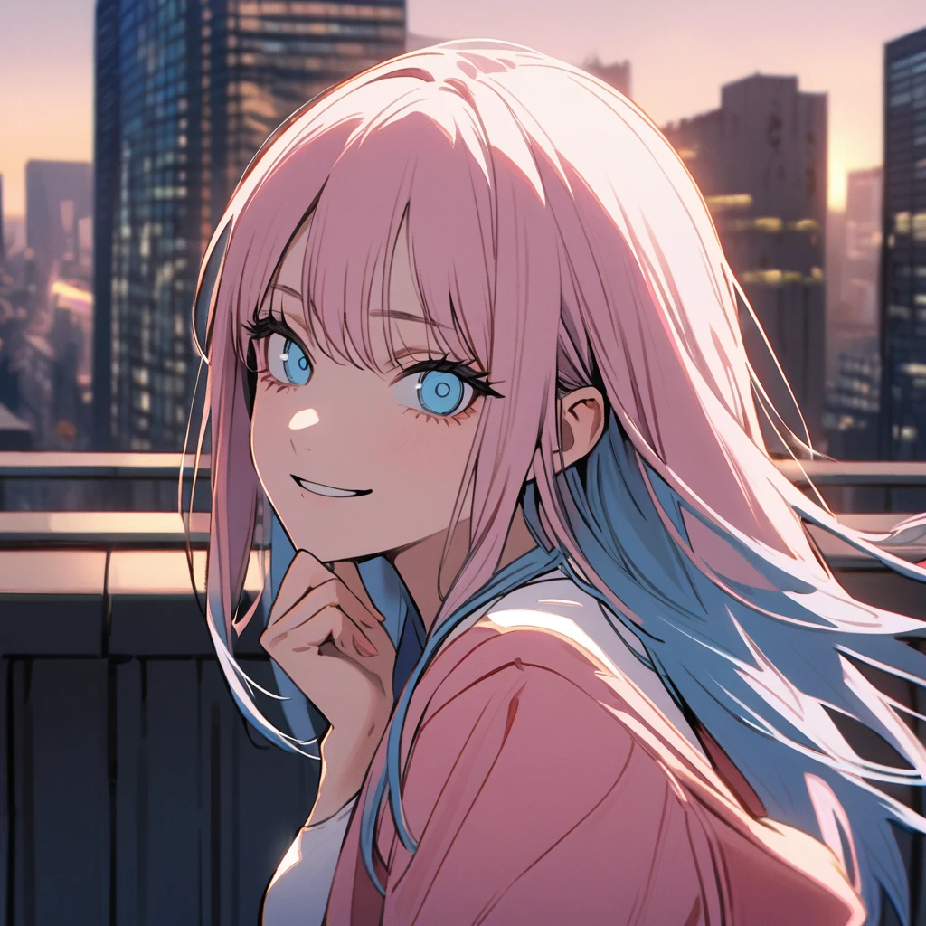 1 pretty girl in chainsaw man style, long hair, light pink hair and blue hair tips,light blue eyes, white blouse, pink jaket (flat breasts),hand on chin, face tilted to the side, Grinning, gazing at viewer, city as background