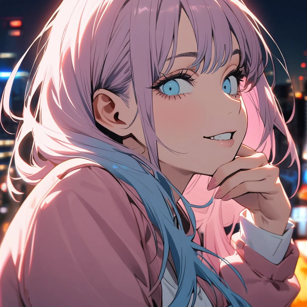1 pretty girl in chainsaw man style, long hair, light pink hair and blue hair tips,light blue eyes, white blouse, pink jaket (flat breasts),hand on chin, face tilted to the side, Grinning, gazing at viewer, city as background
