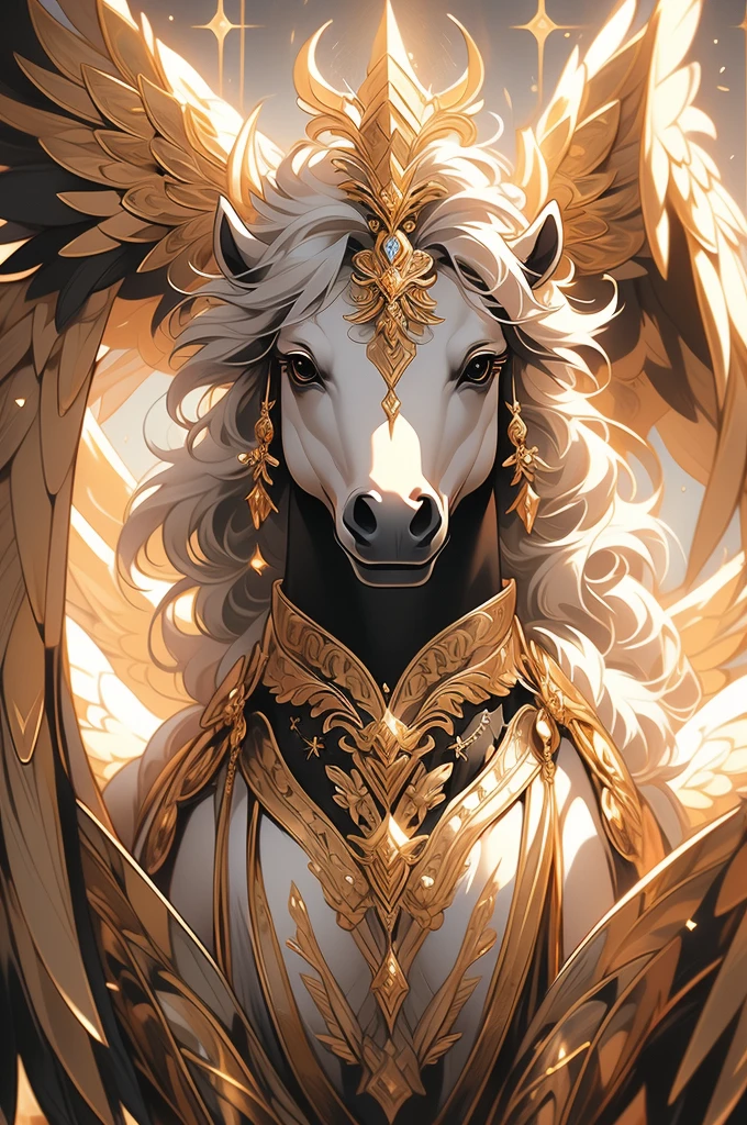 a close up of a black horse with gold and silver decorations, mythical creature, golden and copper shining armor, with hooves and wings, black wings instead of arms, ((a beautiful fantasy empress)), exquisite and handsome wings, a mythical creature, as a mystical valkyrie, majestic wings, in dark robes with gold accents, male centaur centaur chimera