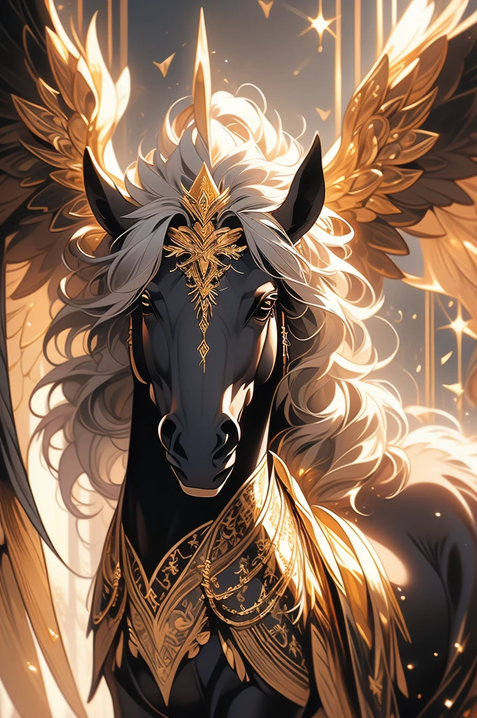 a close up of a black horse with gold and silver decorations, mythical creature, golden and copper shining armor, with hooves and wings, black wings instead of arms, ((a beautiful fantasy empress)), exquisite and handsome wings, a mythical creature, as a mystical valkyrie, majestic wings, in dark robes with gold accents, male centaur centaur chimera