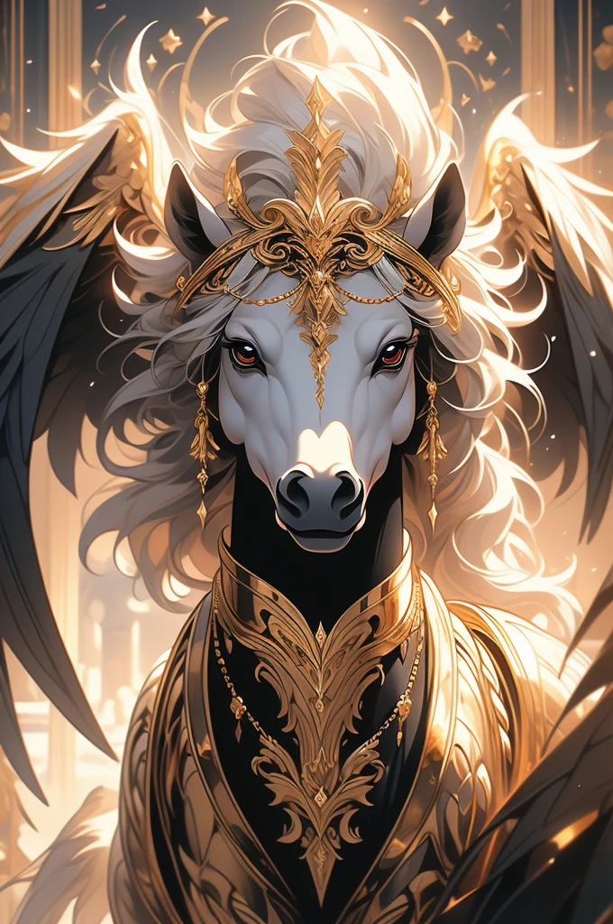 a close up of a black horse with gold and silver decorations, mythical creature, golden and copper shining armor, with hooves and wings, black wings instead of arms, ((a beautiful fantasy empress)), exquisite and handsome wings, a mythical creature, as a mystical valkyrie, majestic wings, in dark robes with gold accents, male centaur centaur chimera