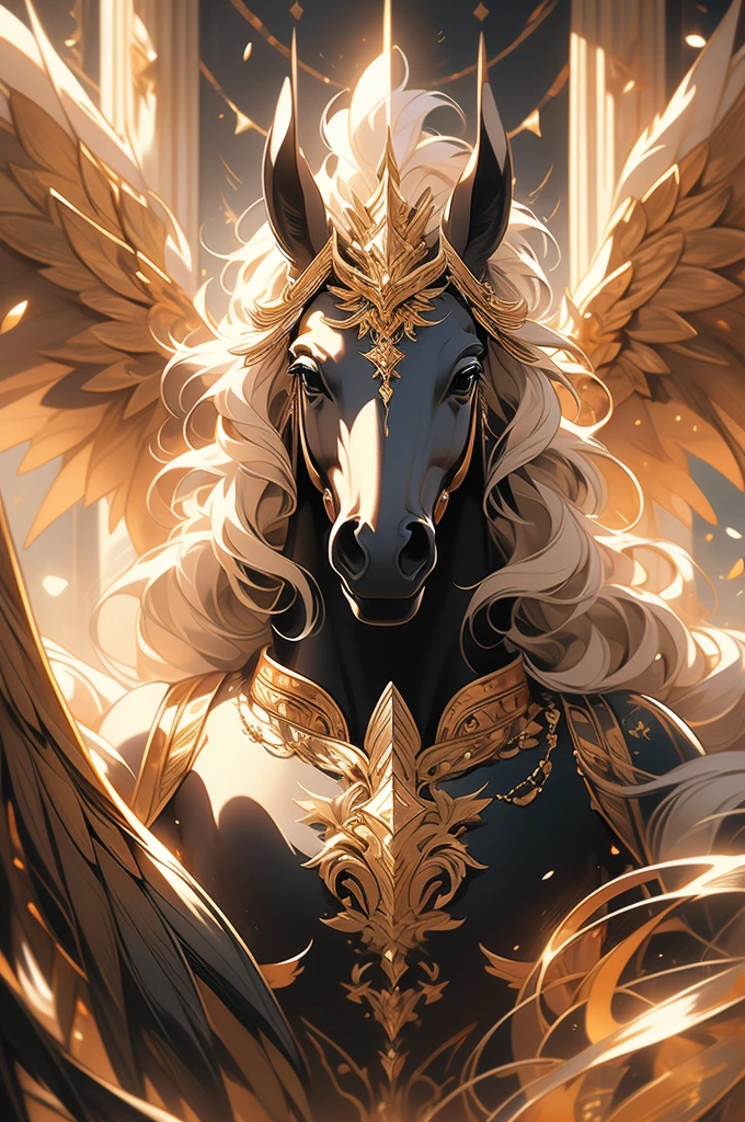 a close up of a black horse with gold and silver decorations, concept art by Yang J, trending on pixiv, fantasy art, mythical creature, golden and copper shining armor, with hooves and wings, black wings instead of arms, ((a beautiful fantasy empress)), exquisite and handsome wings, a mythical creature, as a mystical valkyrie, majestic wings