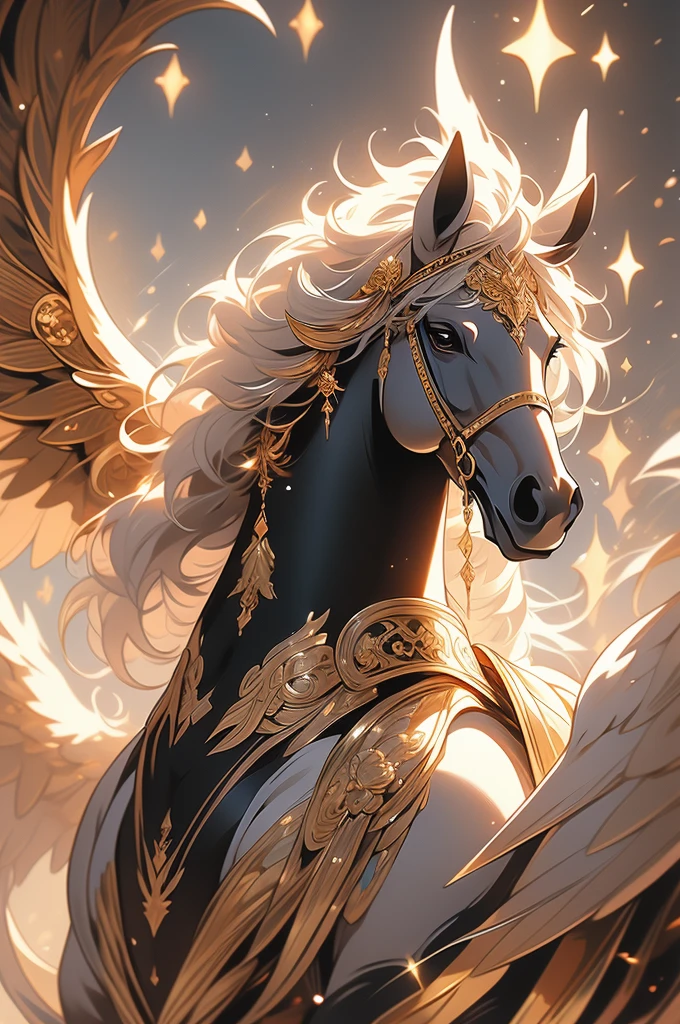 a close up of a black horse with gold and silver decorations, concept art by Yang J, trending on pixiv, fantasy art, mythical creature, golden and copper shining armor, with hooves and wings, black wings instead of arms, ((a beautiful fantasy empress)), exquisite and handsome wings, a mythical creature, as a mystical valkyrie, majestic wings