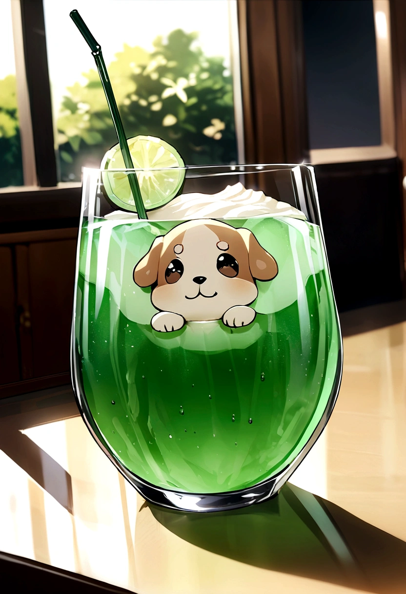 Glass in the shape of a puppy from top to bottom, clear, uneven, cream melon soda inside the glass, with straw, best image quality